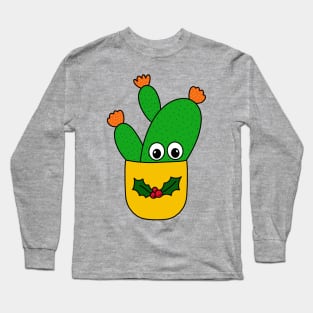 Cute Cactus Design #346: Opuntia Microdasys Cactus In Christmas Holly Pot Long Sleeve T-Shirt